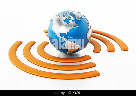 Wlan-Symbol um die blaue Erde. 3D-Darstellung. Stockfoto