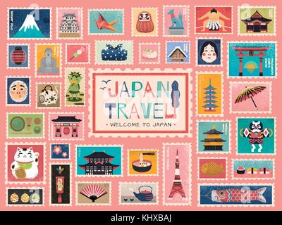 Japan travel concept Stempel, schöne traditionelle japanische Symbole in Form der Briefmarke, bunte flache Bauweise Stock Vektor