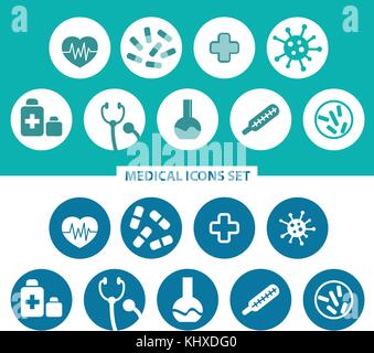 Medizinische Symbole gesetzt. Herz, Pillen, medizinische Kreuz, Bakterien, Therm Stock Vektor