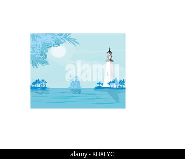 Leuchtturm von einem winzigen Strand gesehen Stock Vektor
