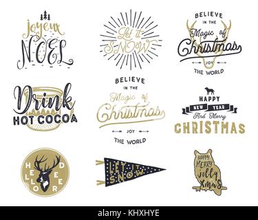 Big frohe Weihnachten Typografie Anführungszeichen, Wünsche bündeln. sunbursts, Farbband und Weihnachten noel Elemente, Symbole. Neues Jahr Schriftzug, Sprüche, vintage Etiketten. weihnachtsgrüße Kalligraphie. Vektor isolieren Stock Vektor