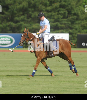 GREENWICH, CT - MAI 15: Prinz Harry von Wales beim Sentebale Royal Salute Polo Cup im Greenwich Polo Club am Mittwoch, den 15. Mai. Das Sentebale Land Rover Team wurde von Royal Salute Ambassador Malcom Borwick mit den Teammitgliedern Mark Ganzi, Michael Carrazza und Prince Harry, einem der Gründungsväter von Sentebale, geführt. Das Poloteam von St. Regis wurde von Sentebales Botschafter Nacho Figueras mit den Teammitgliedern Peter Orthwein, Steve Lefkowitz und Dawn Jones geführt. Royal Salute war Gastgeber einer Reihe von prominenten Prominenten. Royal Salute World Polo ist ein globales Programm, das jetzt Stockfoto