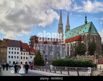 Europa, Deutschland, Sachsen, Görlitz, die Altstadt, die, im 15. Jahrhundert st. Peter und Paul, Evangelisch, Kirche von der Lausitzer Neiße; Rückansicht; in der Grenzstadt Görlitz in Deutschland Stockfoto