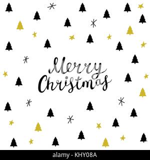 Weihnachtskarte mit Hand ertrinken Schriftzug, Weihnachtsbäume, Sternen und Schneeflocken Stock Vektor