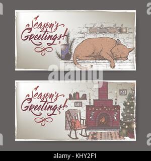 2 Farbe weihnachten Banner mit gemütlichen Zimmer mit Kamin, Katze schlafen auf Kamin Mantel und Urlaub Bürste Schriftzug Stock Vektor