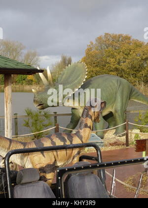 Eine velociraptor Stalking ein triceratops Dinosaurier Park Stockfoto