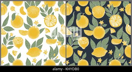 Satz von zwei nahtlose Muster mit Orangen und Scheiben in Skizze Stil auf weißem und dunklem Hintergrund dargestellt. vector vintage Abbildung. Stock Vektor