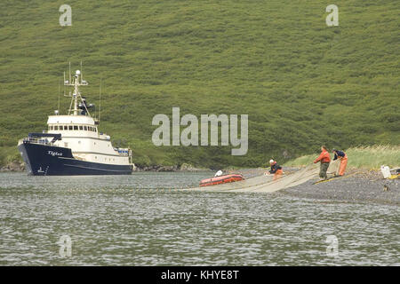 Fishermans ziehen et vom Schiff an der Küste Stockfoto