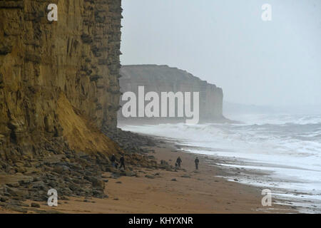 West Bay, Dorset, Großbritannien. 22. November 2017. UK Wetter. Ein Hund Spaziergänger entlang spazieren und ein fast verlassenes East Beach an der West Bay in Dorset wie große Wellen an Land aufgrund der starken böigen Winde an einem bewölkten Tag mit überdurchschnittlichen Temperaturen. Photo Credit: Graham Jagd-/Alamy leben Nachrichten Stockfoto