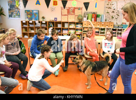 Schüler der Klasse 4c Übungsregeln mit Schulhund Rudi an der Grundschule Heide in Bad Dueben, 24. Oktober 2017. Der zweijährige Mischhund, der als Schulhund ausgebildet wurde, wird von den Kindern als „Assistenzpädagogin“ akzeptiert und gehört ihrer Klassenlehrerin Kristin Gessner (R). Bis zu dreimal pro Woche nimmt Rudi am Unterricht Teil und trägt zu einer besseren Atmosphäre bei. Im Zuge der tiergestützten Pädagogik sind mehrere hundert Schulhunde in deutschen Schulen zu finden. Foto: Waltraud Grubitzsch/dpa-Zentralbild/ZB Stockfoto