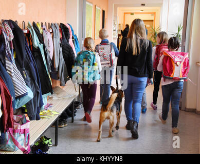 Die Klassenlehrerin Kristin Gessner geht am 24. Oktober 2017 mit ihren Schülern der Klasse 4c und dem Schulhund Rudi in die Heide Grundschule in Bad Dueben. Der zweijährige Mischhund, der als Schulhund ausgebildet wurde, wird von den Kindern als „Assistenzpädagogin“ akzeptiert und gehört Kristin Gessner. Bis zu dreimal pro Woche nimmt Rudi am Unterricht Teil und trägt zu einer besseren Atmosphäre bei. Im Zuge der tiergestützten Pädagogik sind mehrere hundert Schulhunde in deutschen Schulen zu finden. Foto: Waltraud Grubitzsch/dpa-Zentralbild/ZB Stockfoto