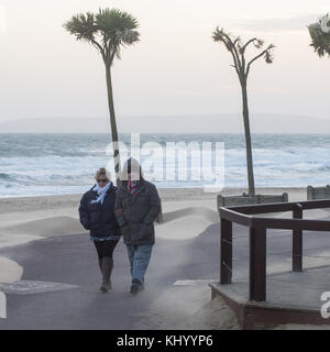 Palmen, die in einem Sturm an der Küste wehen, Bournemouth, Dorset, Großbritannien, 22.. November 2017. Stockfoto