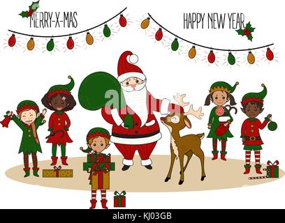 Santa Claus mit Elfen und Hirsche. Weihnachtskarte Stock Vektor
