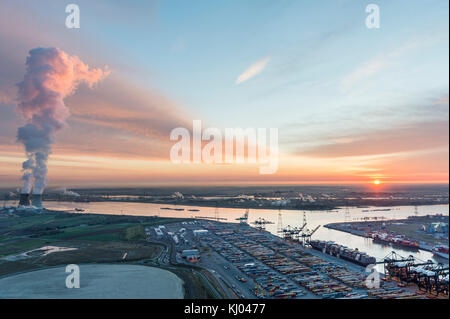 Blick auf das Kernkraftwerk von Doel und Deurganck Terminal und MSC Stockfoto