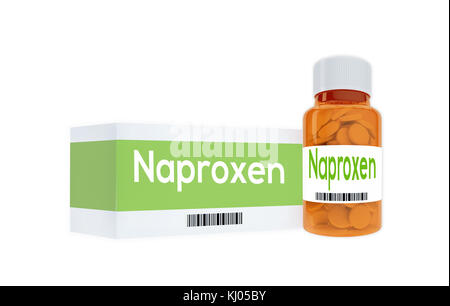 3D-Illustration des Titels „Naproxen“ auf der Pillenflasche, isoliert auf weiß. Stockfoto