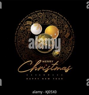 Vektor Christmas Card Design. Weihnachten Kugeln, Hand gezeichnet goldene Frohe Weihnachten Text, Kranz mit Hand gezeichnet Doodles, Niederlassung, Bälle, Süßigkeiten, Santa, Ca Stock Vektor