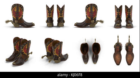 Wild West Cowboy Stiefel aus Leder mit weißen 3D-Illustration Sporne isoliert Stockfoto