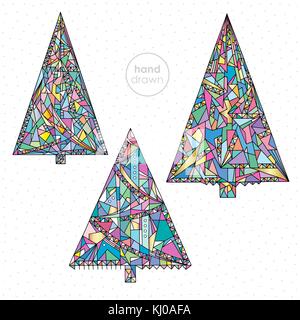 Weihnachtsbaum gesetzt. Hand gezeichnet Winterurlaub Weihnachten Vektorgrafiken. abstrakte farbenfrohe Frohes neues Jahr Hintergrund. Stock Vektor