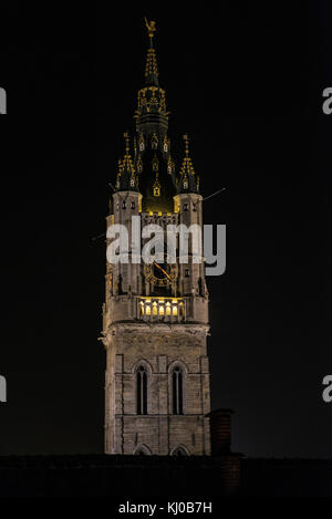 Belfried von Gent, Glockenturm, in der Nacht der mittelalterlichen Stadt Gent, Belgien Stockfoto