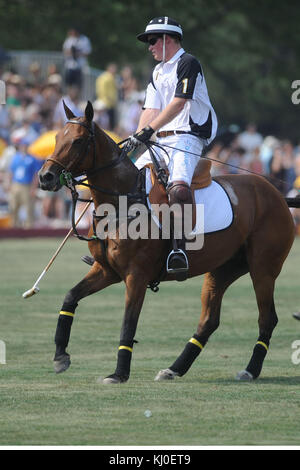 NEW YORK - Juni 27: Seine Königliche Hoheit Prinz Harry konkurriert während des 3. jährlichen Veuve Clicquot Polo Classic auf Governors Island am 27. Juni 2010 in New York City. Personen: Prinz Harry Stockfoto