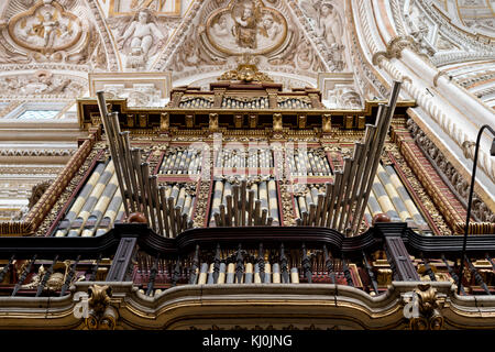 Blick von unten auf eine Pfeifenorgel aus der Kathedrale von Cordoba (Andalusien, Spanien). Stockfoto