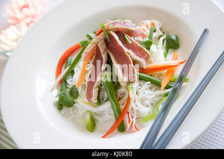 Thunfisch Schichten mit Nudeln auf weiße Platte mit blauen Stäbchen Stockfoto