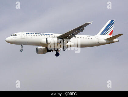 Diese Abbildung zeigt ein Flugzeug des Typs Air France Airbus A320, ein gängiges Modell für die Flotte der Fluggesellschaft. Es unterstreicht das moderne Design und die Merkmale dieses in der kommerziellen Luftfahrt weit verbreiteten Flugzeugs. Stockfoto