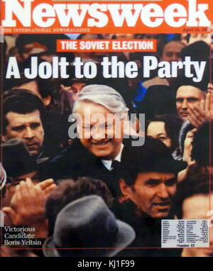 Abdeckung von Newsweek April 1989 Kennzeichnung Wahl von Jelzin zum Kongress der Volksdeputierten der Sowjetunion als Delegierten aus Moskau Bezirk mit einem äußerst entscheidenden 92% der Stimmen. Boris Nikolajewitsch Jelzin (1931 - 2007) war ein sowjetischer und russischer Politiker und erster Präsident der Russischen Föderation, von 1991 bis 1999 dienen. Stockfoto