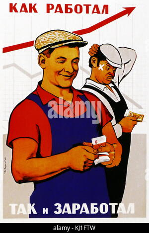Sowjetischen propagandaplakat Arbeiter drängen sich bewusst sein, dass "wie Sie wollen, so dass sie arbeiten müssen", 1954 Stockfoto