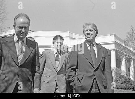 US-Präsident Jimmy Carter und der israelische Ministerpräsident Yitzhak Rabin, im Weißen Haus 1977 Stockfoto