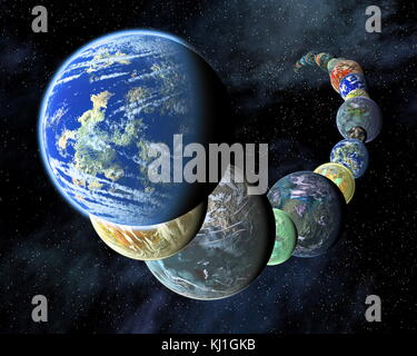 Exo - Planeten in einer Montage, Concept Artist, um zu zeigen, dass Rocky, terrestrische Welten wie die inneren Planeten in unserem Sonnensystem kann reichlich und vielfältig, im Universum. Stockfoto