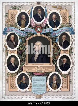 Abbildung von 1800 mit dem Titel 'Distinguished Maurer von der Revolution" umfasst Lafayette, George Washington und Benjamin Franklin. Stockfoto