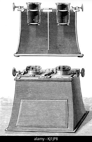 Gravur, Hermann von Helmholtz binocular Stereoskop. Hermann von Helmholtz (1821-1894) Der deutsche Arzt und Physiker. Vom 19. Jahrhundert Stockfoto