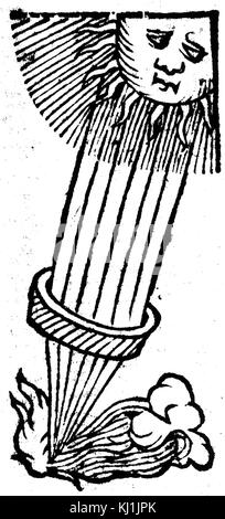 Kupferstich mit der Darstellung der Schwerpunkt der Sonnenstrahlen Feuer zu produzieren. Vom 18. Jahrhundert Stockfoto