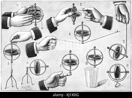 Gravur Darstellung ein Gyroskop, ein Gerät, bestehend aus einem Rad oder Scheibe montiert, so dass es schnell um eine Achse, die sich kostenlos in Richtung zu ändern drehen können. Vom 19. Jahrhundert Stockfoto