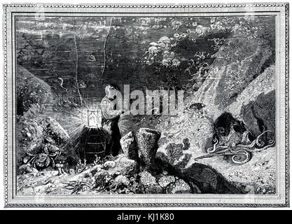 Kupferstich mit der Darstellung eines Taucher Fotografieren auf dem Meeresboden. Vom 19. Jahrhundert Stockfoto