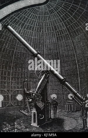 Gravur, ein Astronom und sein Assistent Beobachtung Merkur, Venus und Jupiter aus einem Dach Observatorium in Paris. Vom 20. Jahrhundert Stockfoto