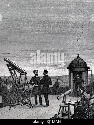 Gravur, ein Astronom und sein Assistent Beobachtung Merkur, Venus und Jupiter aus einem Dach Observatorium in Paris. Vom 19. Jahrhundert Stockfoto