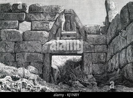 Gravur, Ausgrabungen Heinrich Schliemanns in Mykene im Treasury von Atreus. Heinrich Schliemann (1822-1890) ein deutscher Unternehmer und ein Pionier auf dem Gebiet der Archäologie. Vom 19. Jahrhundert Stockfoto