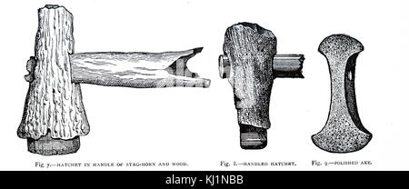 Gravur, Neolithische Geräte einschließlich Beil mit einem Hirsch Horn und Holz. Vom 19. Jahrhundert Stockfoto