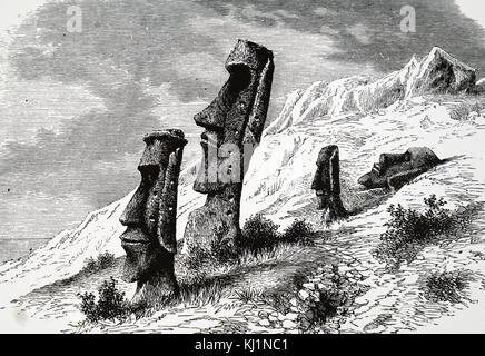 Kupferstich mit der Darstellung der Moai, die monolithischen menschliche Figuren durch die Rapa Nui Menschen auf der Osterinsel geschnitzt. Vom 19. Jahrhundert Stockfoto