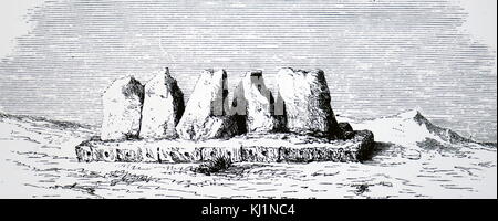 Gravur, eine Plattform, auf der riesigen Moai Statuen auf der Osterinsel stand. Moai, sind die monolithische menschliche Figuren durch die Rapa Nui Menschen auf der Osterinsel geschnitzt. Vom 19. Jahrhundert Stockfoto