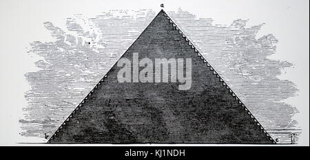 Kupferstich mit der Darstellung der Cheops-Pyramide in Gizeh, die zeigen, wie es in den Schritten von der Unterseite konstruiert wurde und dann mit weißem Marmor konfrontiert. Vom 19. Jahrhundert Stockfoto