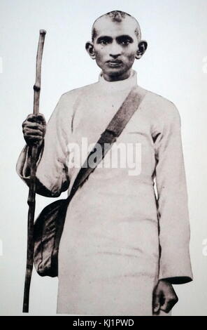 Junge Satyagraha und zukünftige Mahatma Gandhi mit einem Hauptmann und einem Stock. Südafrika, Mohandas Karamchand Gandhi 1869 - 1948), der bedeutendste Führer der indischen Unabhängigkeitsbewegung in britisch beherrschten Indien. Stockfoto