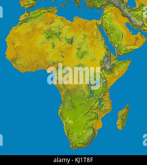 Relief Bild Afrikas durch die Shuttle Radar Topography Mission (SRTM). Diese Version im Jahr 2000, enthält Daten für alle des Kontinents, plus die Insel Madagaskar und auf der Arabischen Halbinsel. Die zentrale Breiten in Afrika wird durch das Great Rift Valley dominiert, die von Lake Nyasa zum Roten Meer. Im Westen liegt das Kongobecken. Die meisten der südlichen Teil des Kontinents beruht auf einer konkaven Plateau aus der Kalahari Becken. Die Farbcodierung ist direkt mit topographischen Höhe, mit braun und gelb in den niederen Höhenlagen, steigend durch Grün, Weiß an der höchsten Erhebungen. B Stockfoto