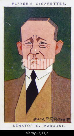 Zigarette card Player's Darstellung Guglielmo Marconi (1874-1937), ein italienischer Erfinder und Elektroingenieur bekannt für seine Pionierarbeit auf langen Funkübertragung und für seine Entwicklung von Marconi's Gesetz und ein Radio telegraph System. Vom 20. Jahrhundert Stockfoto