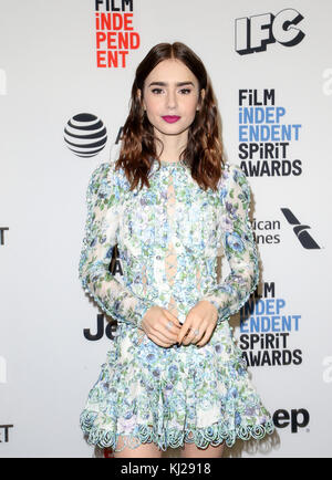 West Hollywood, Kalifornien, USA. 21 Nov, 2017. lily Collins nimmt an den Film Independent Spirit Awards 2018 Pressekonferenz in der Jeremy Hotel statt. Credit: Faye sadou/admedia/zuma Draht/alamy leben Nachrichten Stockfoto