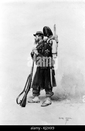 Ein Gemälde von Jean Baptiste Edouard Detaille mit dem Titel „Ready to March“. Es zeigt französische Soldaten, die sich auf die Aktion vorbereiten, und spiegelt den militärischen Realismus und die Liebe zum Detail in Detailles Arbeit wider. Stockfoto