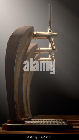 Eine Reihe von Holz und Messing Bier Hähne auf einem isolierten dunklen Moody studio Hintergrund - 3D-Rendering Stockfoto