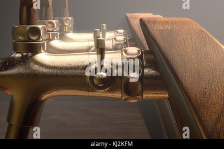 Eine Reihe von Holz und Messing Bier Hähne auf einem isolierten dunklen Moody studio Hintergrund - 3D-Rendering Stockfoto